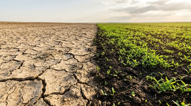 A conceptual split view showing a dramatic contrast between dry, cracked earth and a lush, green field of young crops world soil day