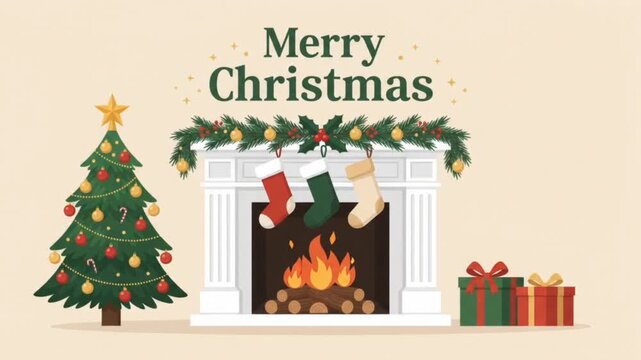 Cozy Christmas Fireplace with Stockings and Decorated Tree Animation
