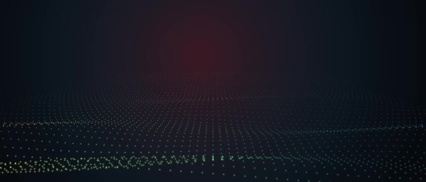 Glowing digital grid landscape with abstract wave motion and futuristic cyber light particles