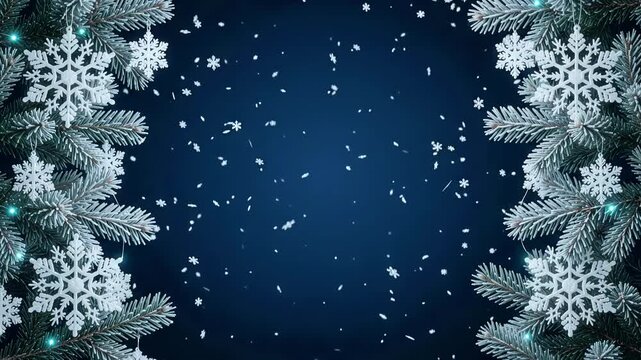 Winter Christmas frame with pine branches and white snowflakes on blue copy space background, festive holiday motion graphic loop
