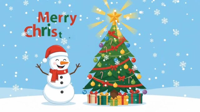 Snowman Waving Handing Next to Christmas Tree with Falling Snow and Merry Christmas Text