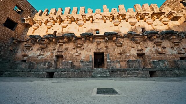 Aspendos, Antalya captures a slow tilt up movement revealing the impressive stone architecture of the ancient Roman theater stage.