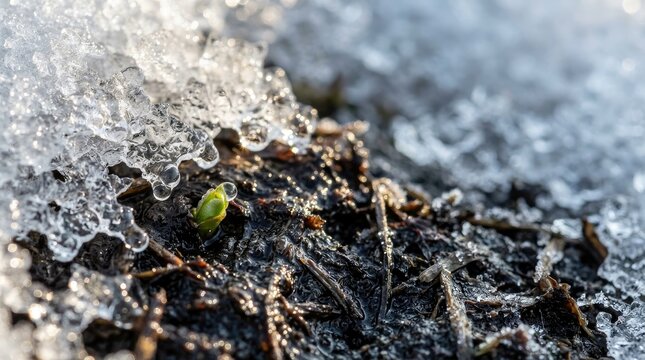 A tiny green sprout emerging from dark, wet soil surrounded by melting snow and ice, symbolizing the arrival of early spring and new life world soil day