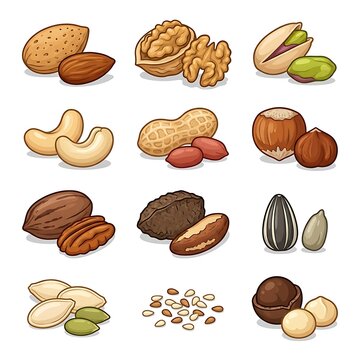 Set of various handdrawn healthy nuts and seeds isolated on a white background