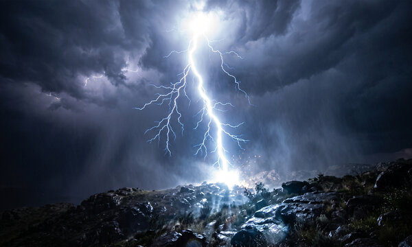 Powerful Lightning Strike Illuminating Rocky Landscape During Dark Thunderstorm