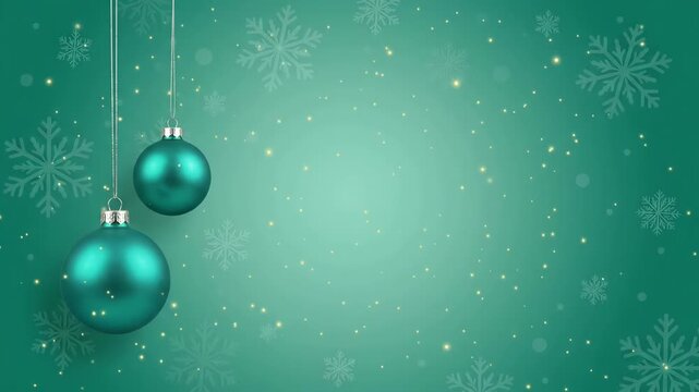Teal Christmas baubles hanging on turquoise copy space with glowing sparkles and snowflakes, modern holiday 3d render background loop

