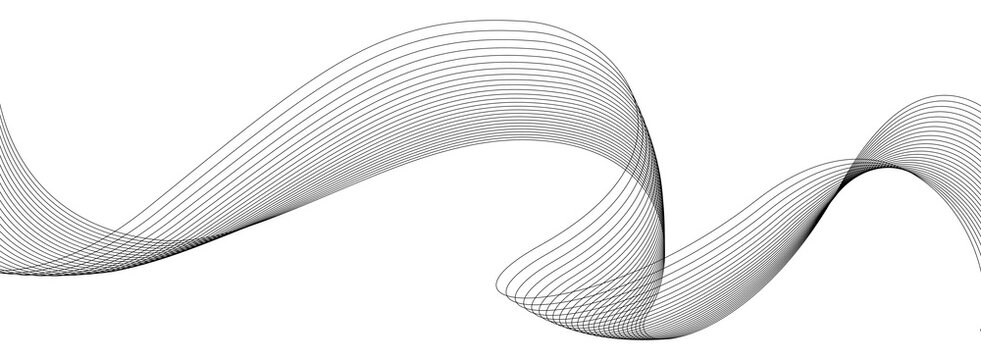 Thin black nine blend looping ribbon wave with curled tail on transparent, minimalist vector thin line curve graphic for digital poster design.
