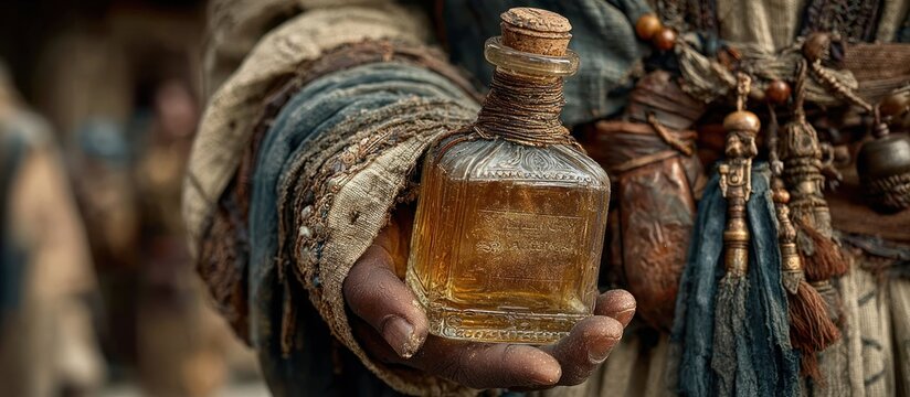 Hand holding brown glass bottle.