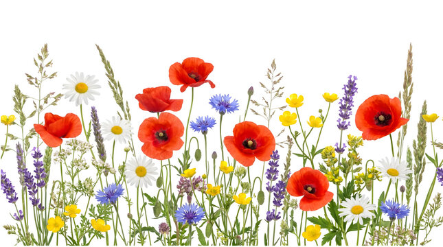 Wildflowers meadow with red poppies, daisies, and cornflowers isolated on transparent background