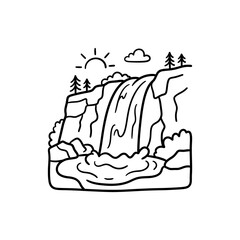 Natural waterfall landscape scenery line art drawing for environmental conservation eco tourism outdoor adventure camping and forest wildlife themed graphic design. © workdesgin