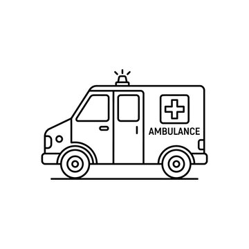 Black line art illustration of ambulance emergency vehicle featuring medical cross and siren on transparent background for healthcare and first responder projects.