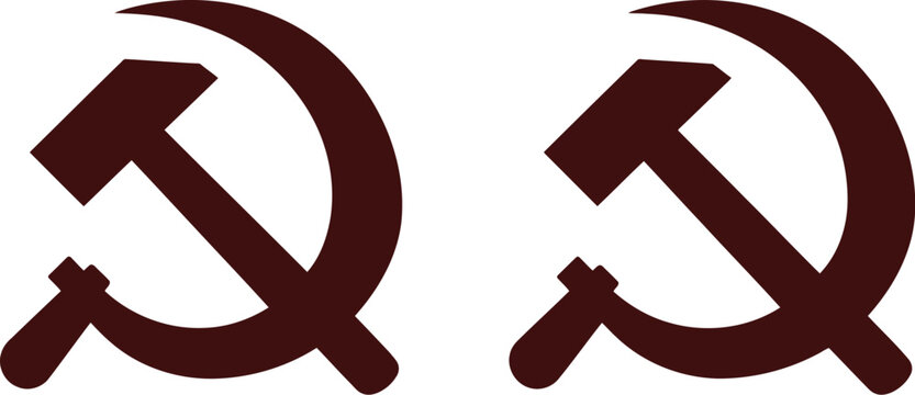 Hammer and sickle symbol icon collection featuring two dark brown communist emblems, flat vector illustration isolated on white background for history, politics and ideology