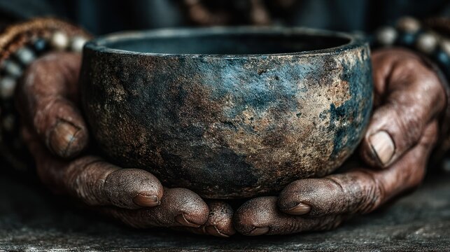 Hands holding old metal bowl.