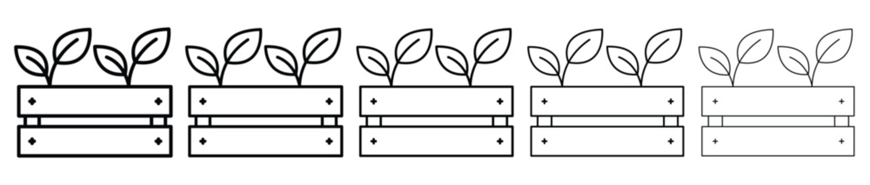 Simple outline set of five wooden garden boxes with plant sprouts inside.