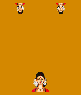Artistic Portrait of Traditional Indian Woman with Jasmine Flowers Motif Saree Blouse Layout on Mustard Base