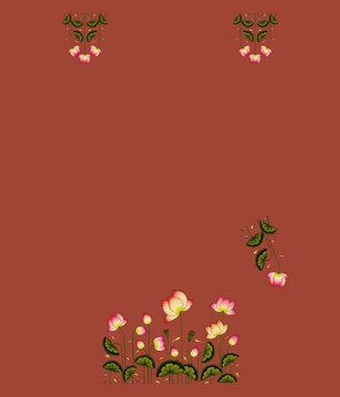 Traditional Pichwai Lotus Pond with Floating Fishes Motif Saree Blouse Layout on Terracotta Rust Base
