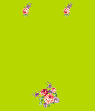 Floral Saree Blouse Fabric Layout with Pink Rose Bouquet Motif on Lime Green Background