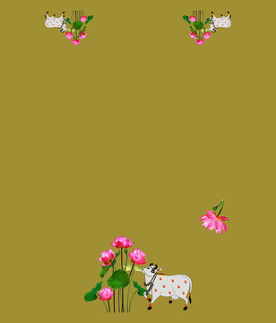 Traditional Indian Pichwai Sacred Kamadhenu Cow and Pink Lotus Motif Saree Blouse Layout on Olive Base