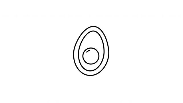 Simple black and white line art icon of a halved avocado with seed, minimalist outline drawing for healthy food and vegan concepts.