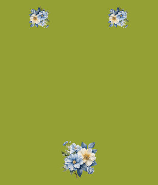 Watercolor Blue and Cream Floral Bouquet Saree Blouse Layout on Olive Green Background