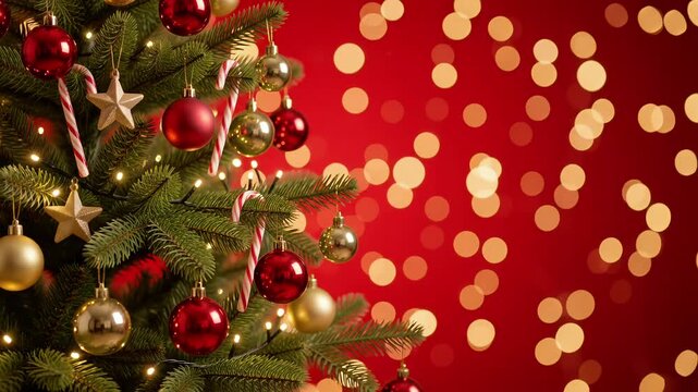 Festive decorated Christmas tree branch with glowing red bokeh lights and copy space, winter holiday celebration 3D render loop
