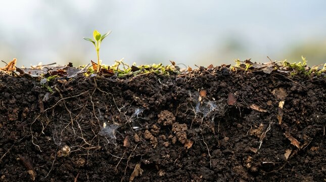 Crosssection of fertile soil showing a small green sprout growing from the surface with visible roots and fungal mycelium network in the dark earth world soil day