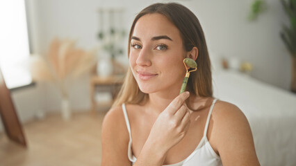 Young woman smiling and holding jade roller to cheek, gently rolling on face in studio  self care relaxed. © Krakenimages.com