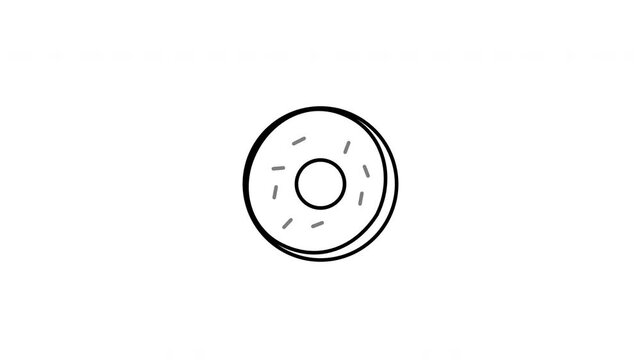 Minimalist black and white line art illustration of a sweet donut with sprinkles. Simple outline icon for dessert or bakery designs.