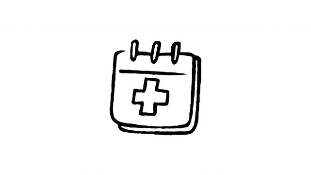 Animated doodle icon of a calendar event schedule marked with a medical cross for appointments.