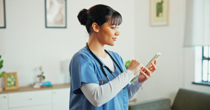 Woman, nurse and phone in practice for agenda, medical research and update schedule reminder. Healthcare, telehealth and RN in hospital for online news, reading article and email response for service