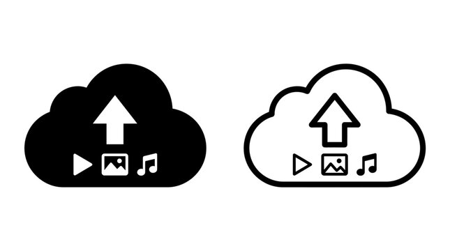 Cloud data upload icon with image and music symbols