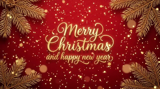 Merry Christmas and Happy New Year golden calligraphy text with pine branches and bokeh glitter, holiday greeting motion graphic loop
