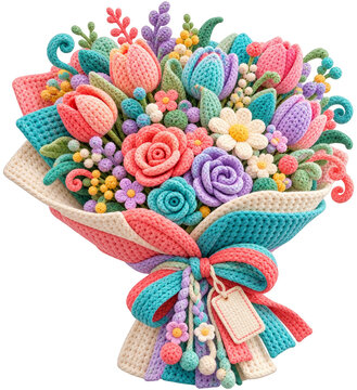 A colorful bouquet of handmade crocheted flowers tied with a decorative ribbon.