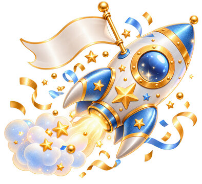 A cartoon rocket ship launching with stars, ribbons, and a blank banner attached.