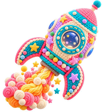 A colorful crochet toy rocket ship launching with soft yarn smoke clouds.