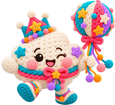 A colorful crocheted cloud character wearing a crown and holding a balloon.