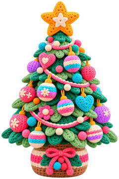 A colorful crocheted Christmas tree decorated with yarn ornaments and a star topper.