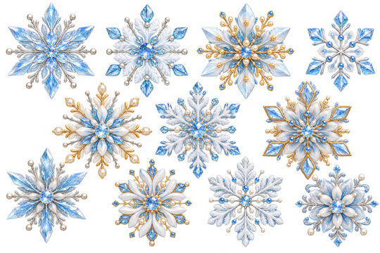 A collection of intricate, decorative snowflake designs featuring blue and gold crystal elements.