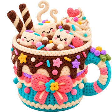 A colorful crocheted mug filled with hot cocoa, marshmallows, and decorative sweet toppings.