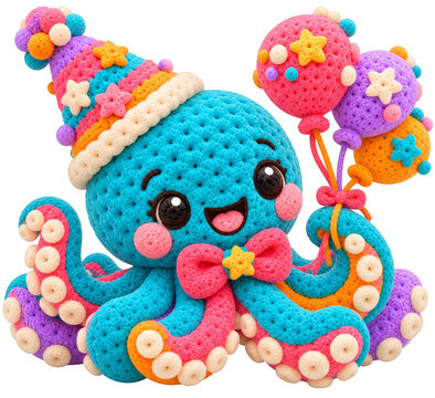 A colorful crocheted octopus wearing a party hat and holding several balloons.