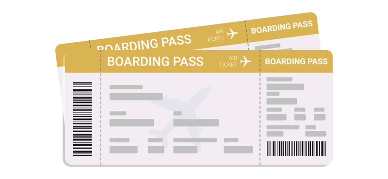Two realistic airline boarding pass tickets with barcode and airplane icon
