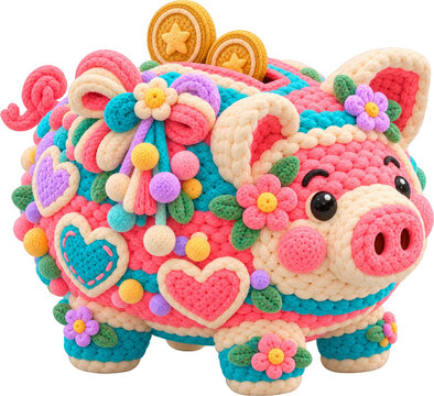 A colorful crocheted piggy bank decorated with yarn flowers and heart shapes.