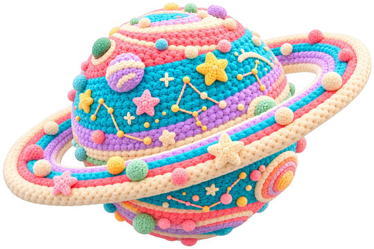 A colorful crocheted planet with rings decorated with small stars and constellations.