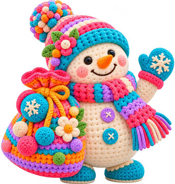 A colorful crocheted snowman wearing a hat and scarf holding a gift bag.