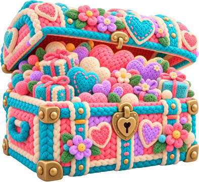A colorful crocheted treasure chest filled with various knitted hearts and gift boxes.