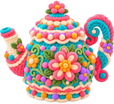 A colorful decorative teapot crafted with intricate yarn textures and floral patterns.
