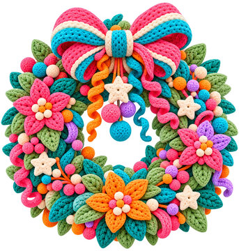 A colorful handmade crochet wreath decorated with flowers, stars, and a large bow.