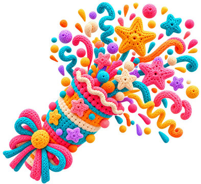 A colorful knitted party popper bursting with crocheted stars and festive confetti shapes.