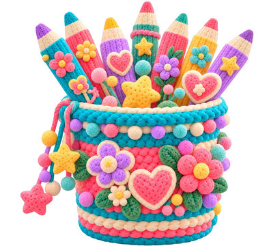 A colorful knitted pencil holder decorated with flowers, hearts, and stars.