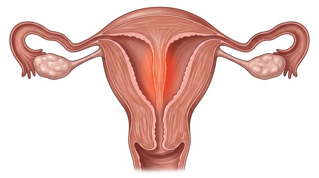 Detailed anatomical illustration of the uterus, ovaries, fallopian tubes, and cervix